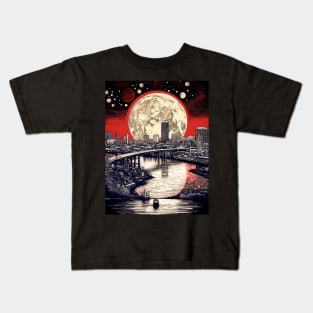 Full Sturgeon and Blue Moon Over Portland, Oregon on a Dark Background Kids T-Shirt